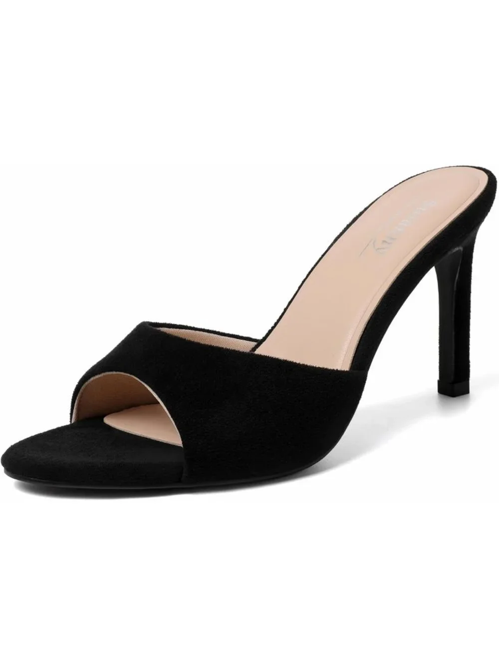 Women's Black Suede Summer Mule High Heels Slip on Pointed Open Toe Sexy Heeled